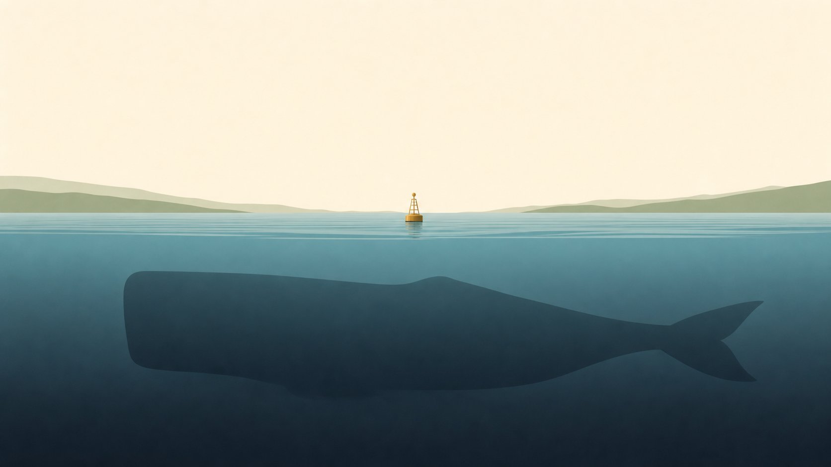 Illustratie van een walvis onder een rustig wateroppervlak, met een gouden navigatieboei aan de horizon